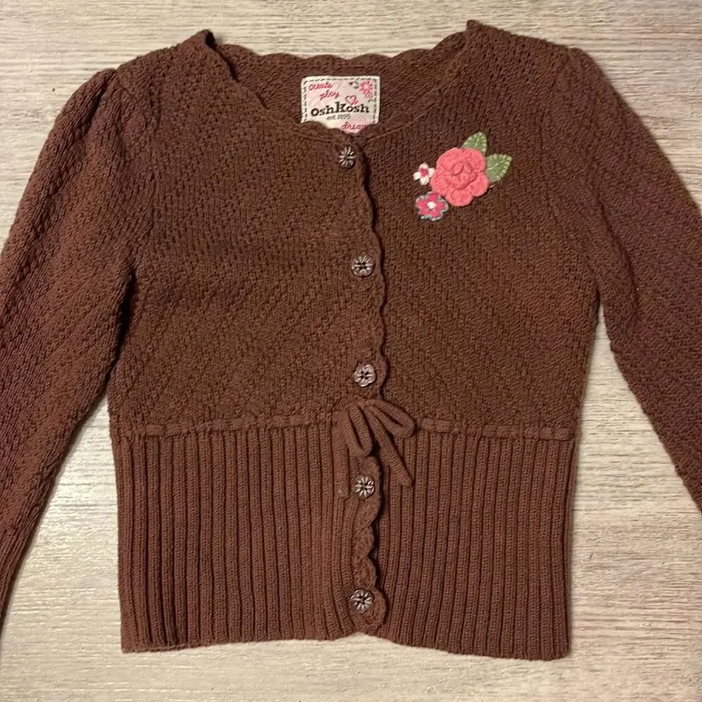 OshKosh B'gosh Girls Brown Cardigan, Lavender & Silver Striped Top, Denim Skirt